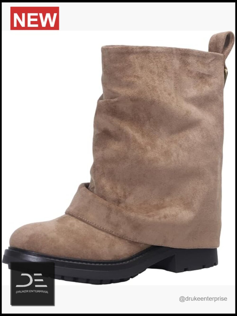 Fold Over Ankle Boots with Zipper - Wide Calf Pull On Boots with Round Toe